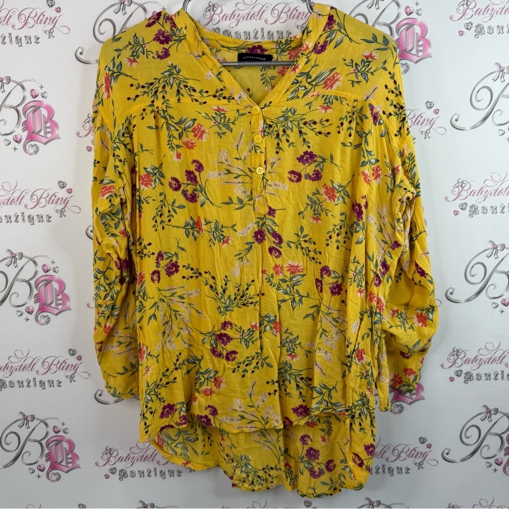 Atmosphere long sleeve button up flowers bright leafs Yellow Floral Blouse